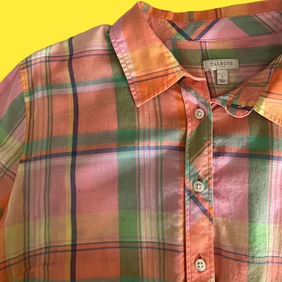 Talbots Womens Peach Pink Cotton Madras Plaid Button Up Shirt Blouse Large - Picture 4 of 7